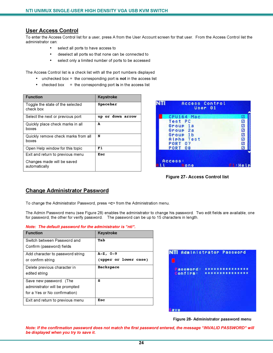 Network Technologies UNIMUXUSBVXHD operation manual User Access Control, Change Administrator Password 