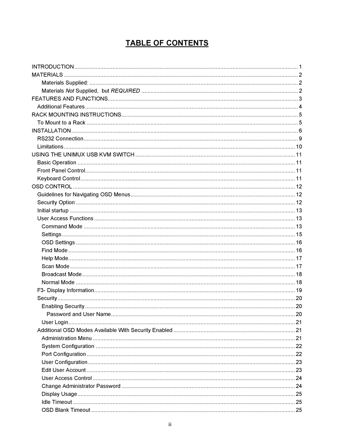 Network Technologies UNIMUXUSBVXHD operation manual Table of Contents 