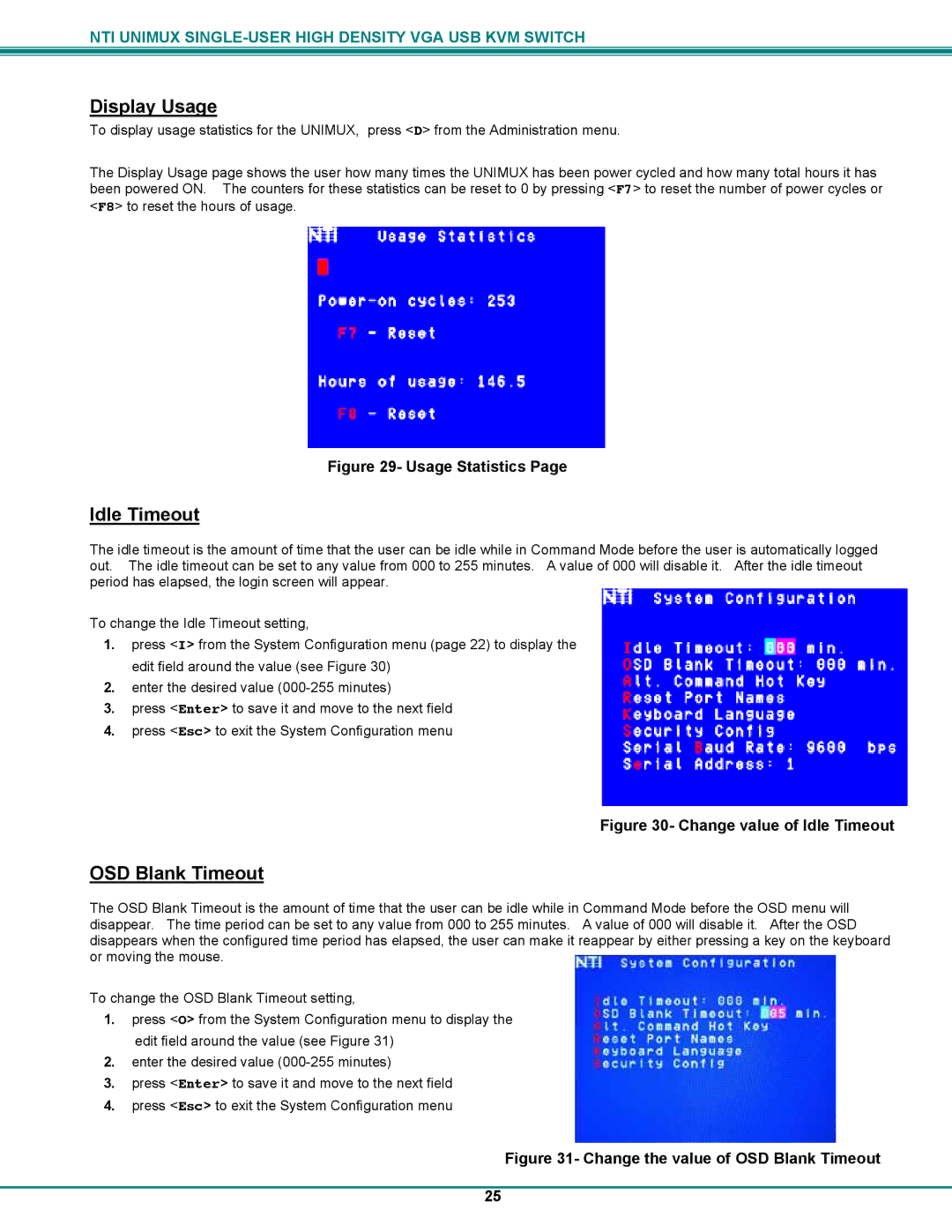 Network Technologies UNIMUXUSBVXHD operation manual Display Usage, Idle Timeout, OSD Blank Timeout 