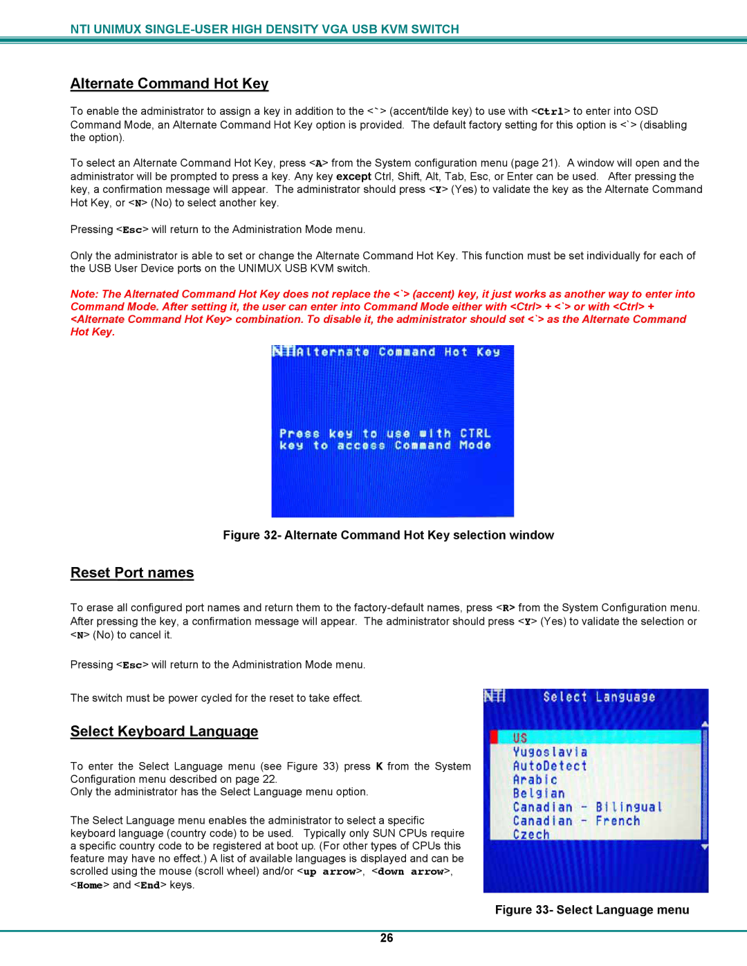 Network Technologies UNIMUXUSBVXHD operation manual Alternate Command Hot Key, Reset Port names, Select Keyboard Language 