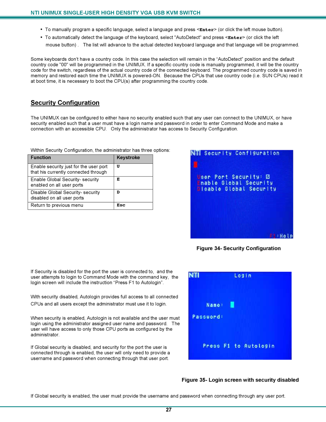 Network Technologies UNIMUXUSBVXHD operation manual Security Configuration 