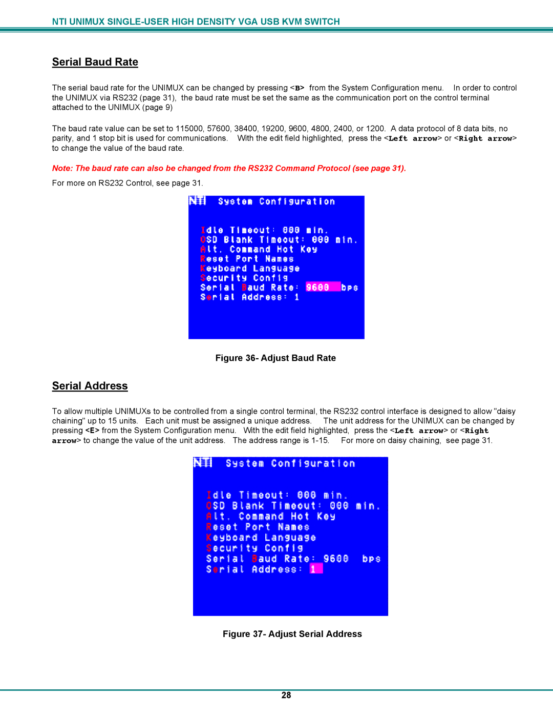 Network Technologies UNIMUXUSBVXHD operation manual Serial Baud Rate, Serial Address 