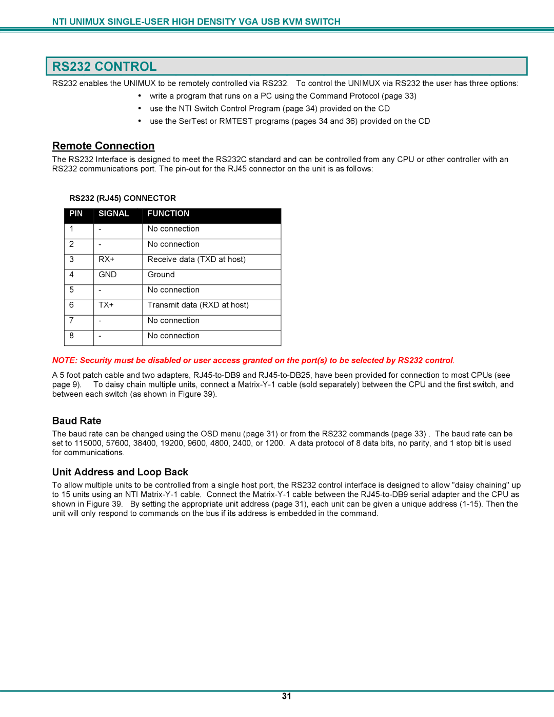 Network Technologies UNIMUXUSBVXHD operation manual RS232 Control, Remote Connection 