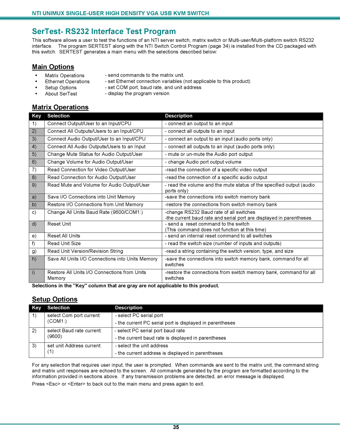 Network Technologies UNIMUXUSBVXHD SerTest- RS232 Interface Test Program, Main Options, Matrix Operations, Setup Options 