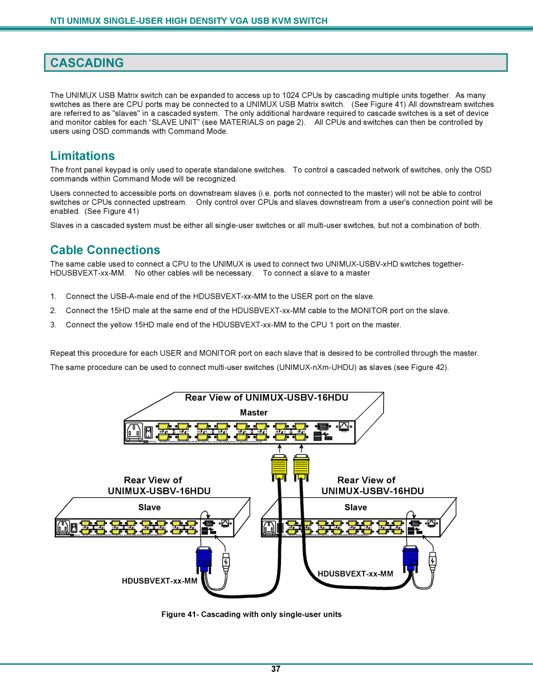 Network Technologies UNIMUXUSBVXHD operation manual Cascading, Cable Connections 