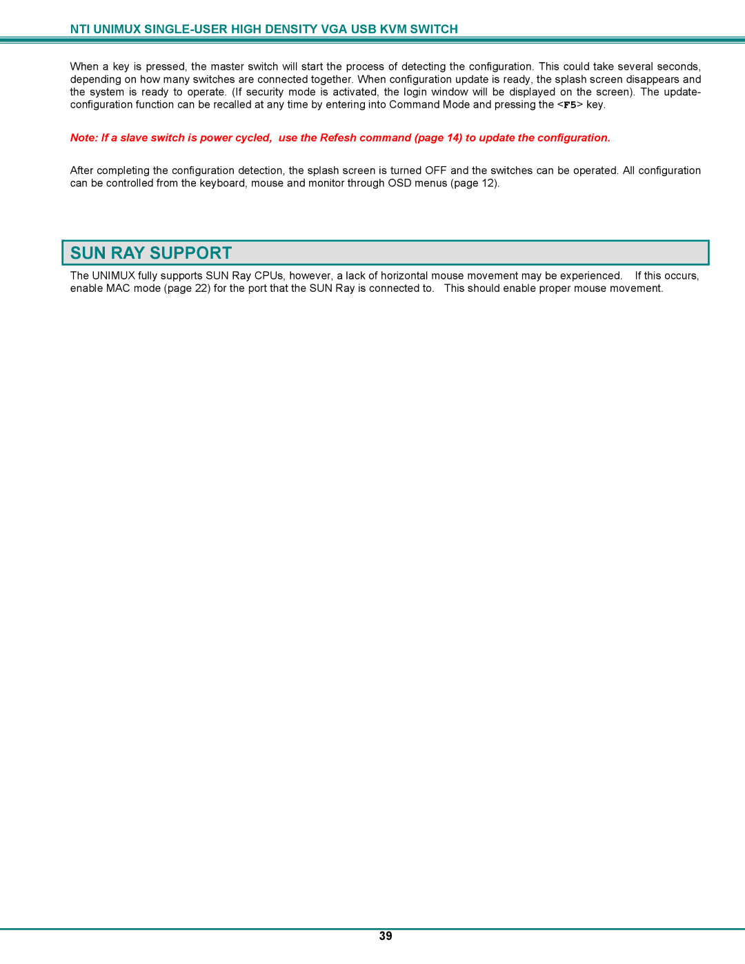 Network Technologies UNIMUXUSBVXHD operation manual SUN RAY Support 