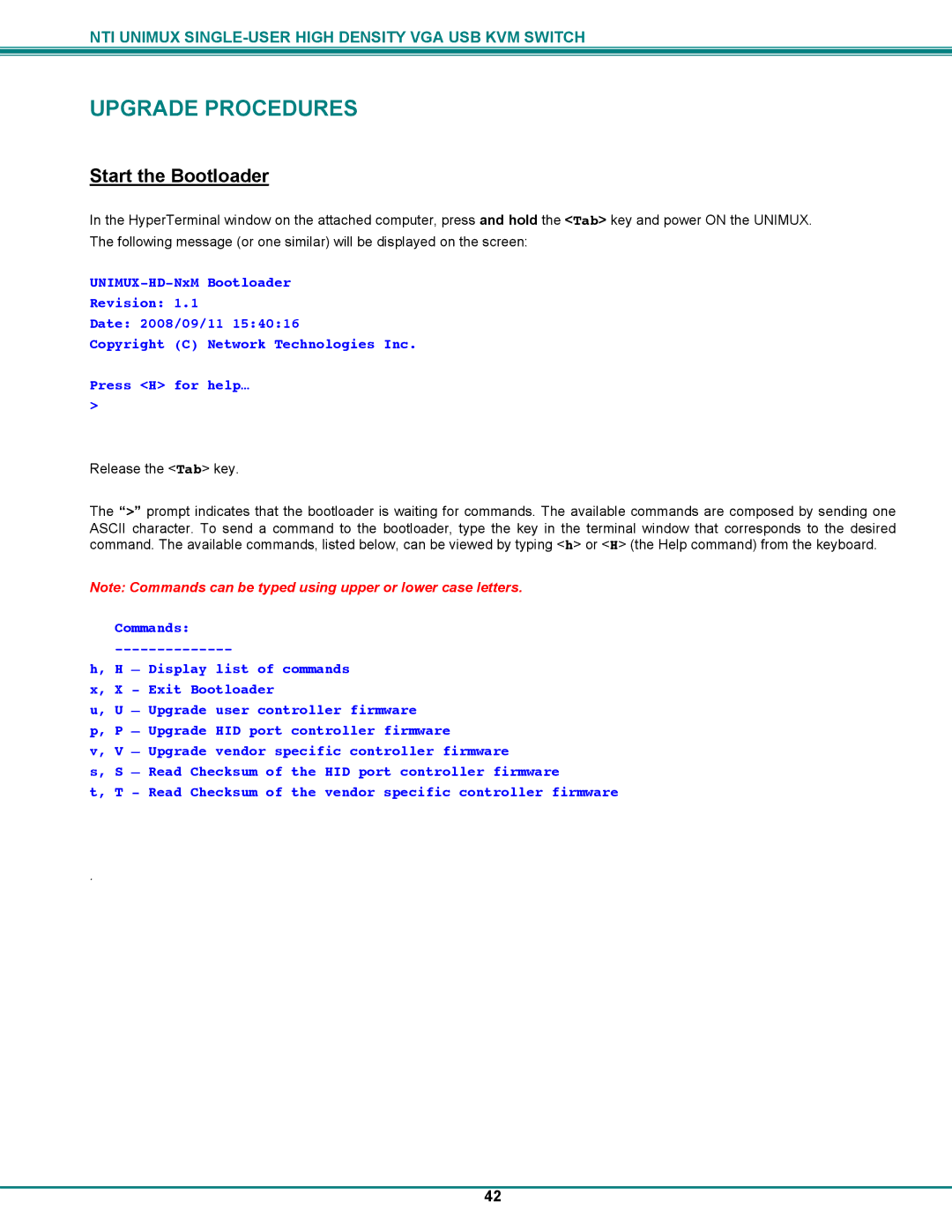 Network Technologies UNIMUXUSBVXHD operation manual Upgrade Procedures, Start the Bootloader 