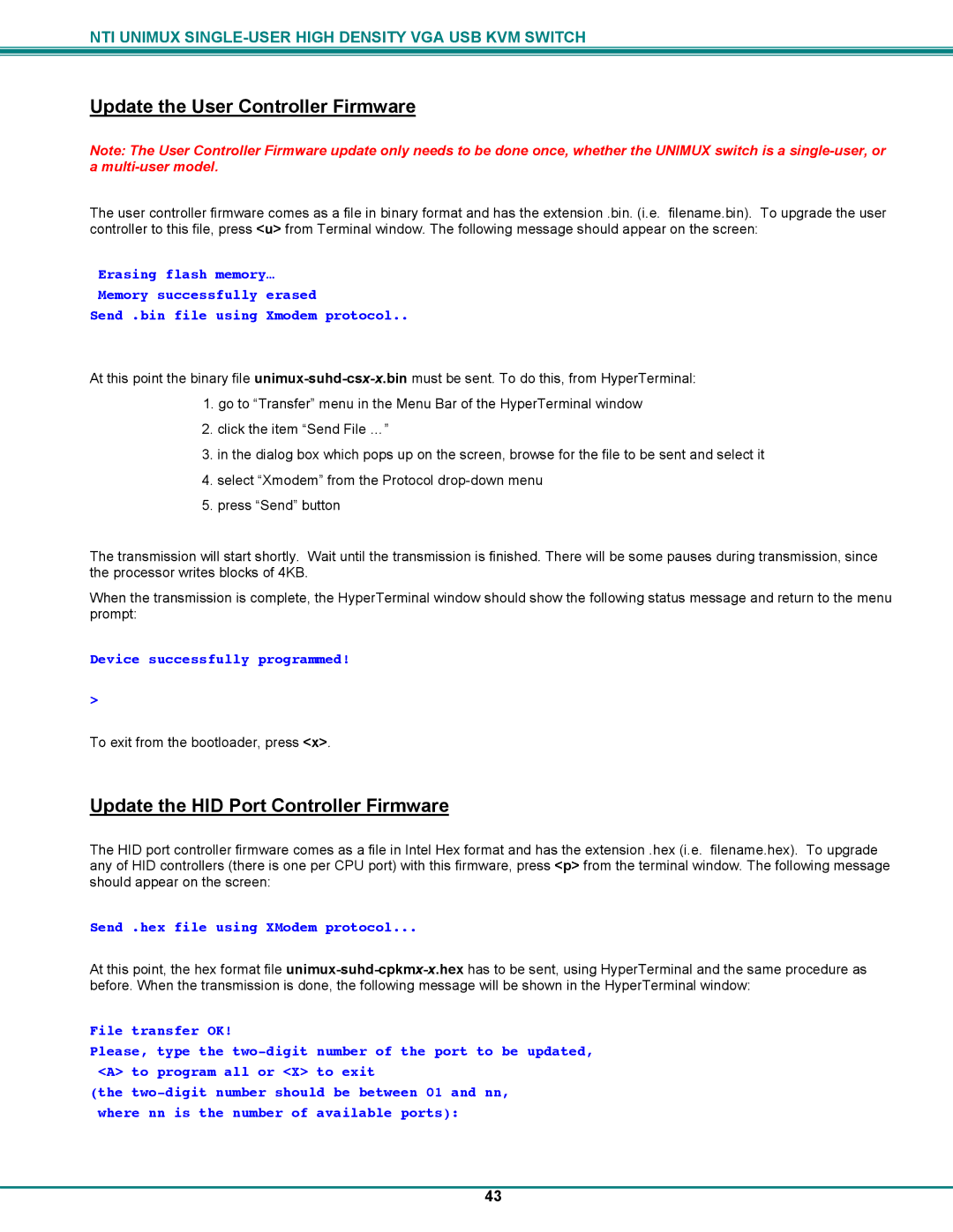 Network Technologies UNIMUXUSBVXHD Update the User Controller Firmware, Update the HID Port Controller Firmware 