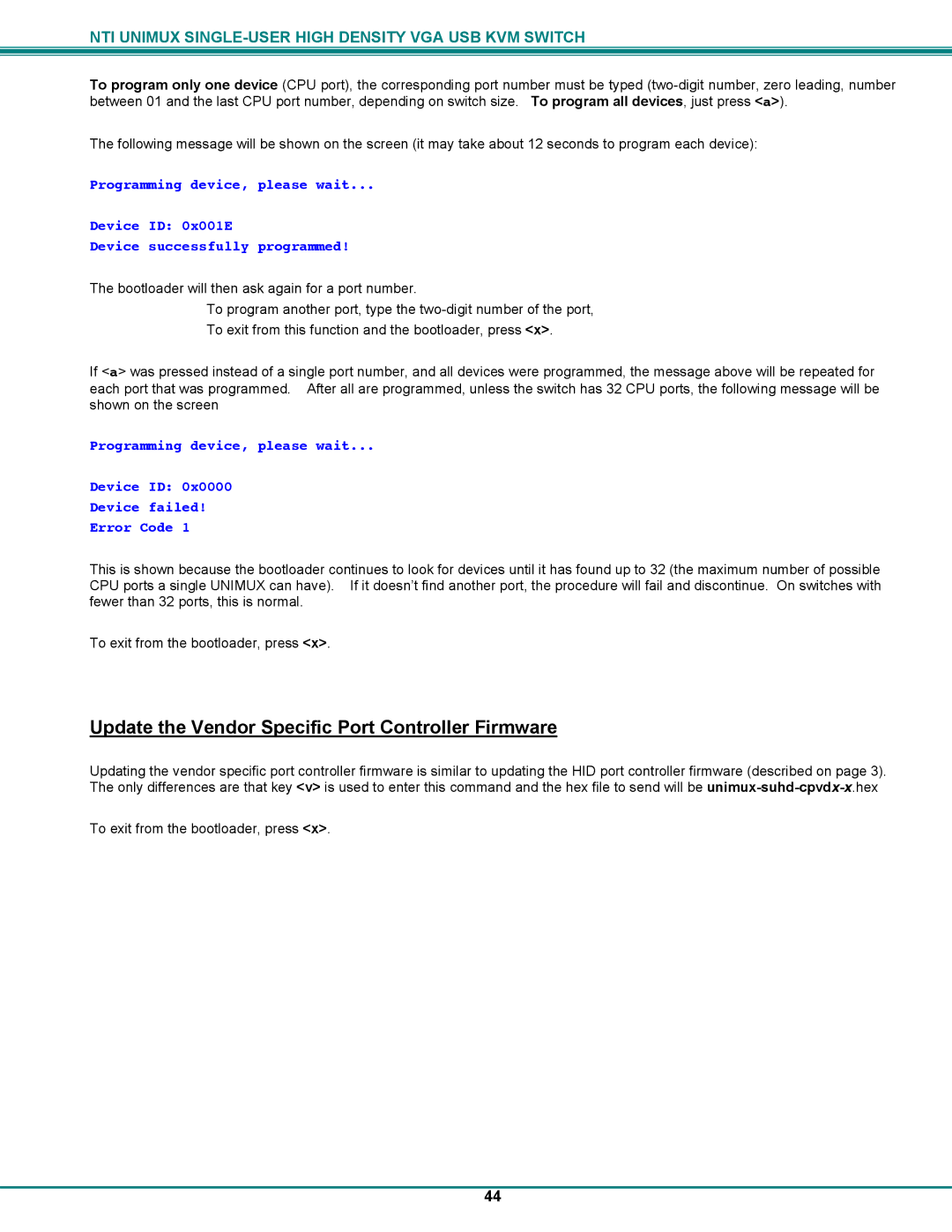 Network Technologies UNIMUXUSBVXHD operation manual Update the Vendor Specific Port Controller Firmware 