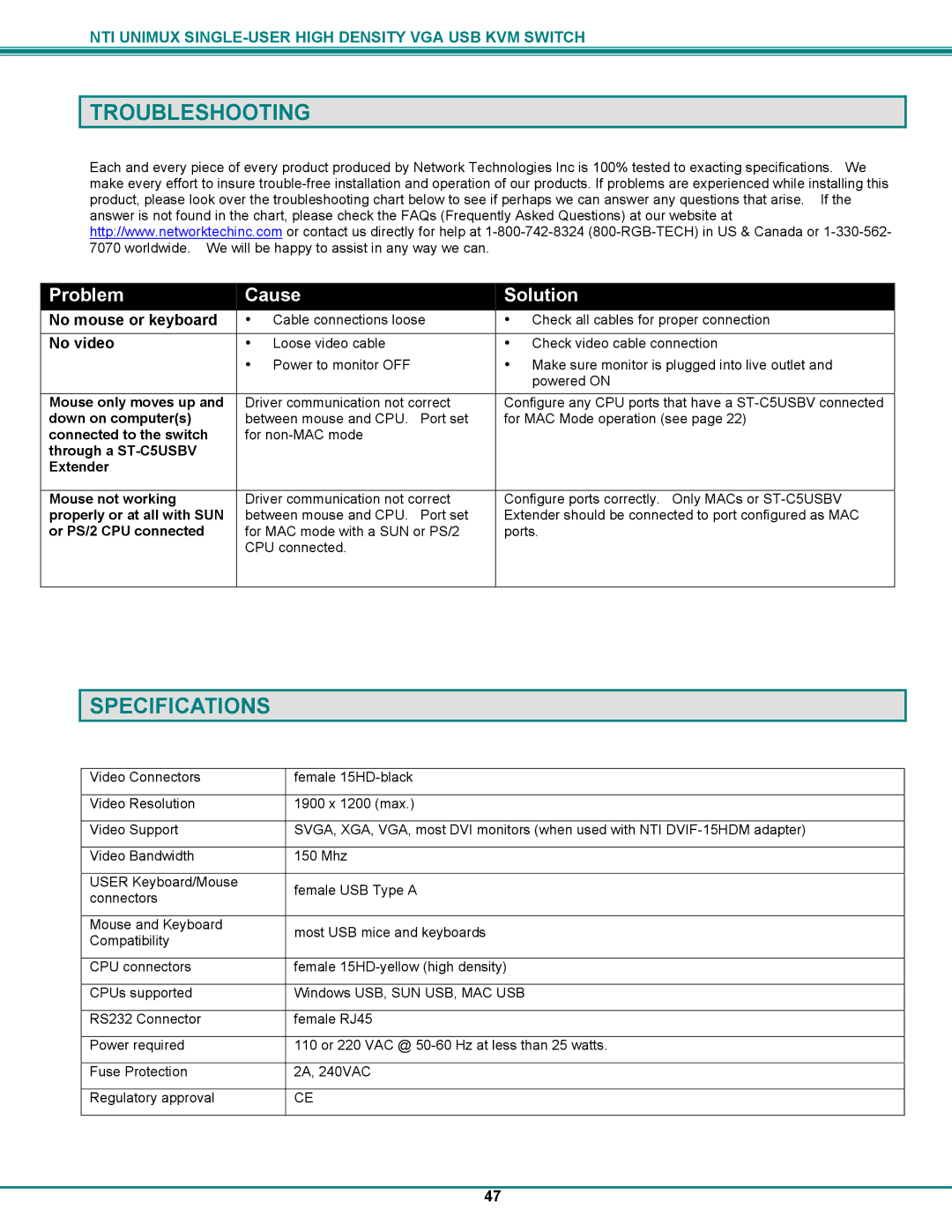 Network Technologies UNIMUXUSBVXHD operation manual Troubleshooting, Specifications 