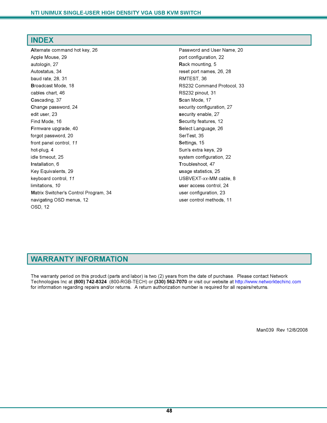 Network Technologies UNIMUXUSBVXHD operation manual Index, Warranty Information 