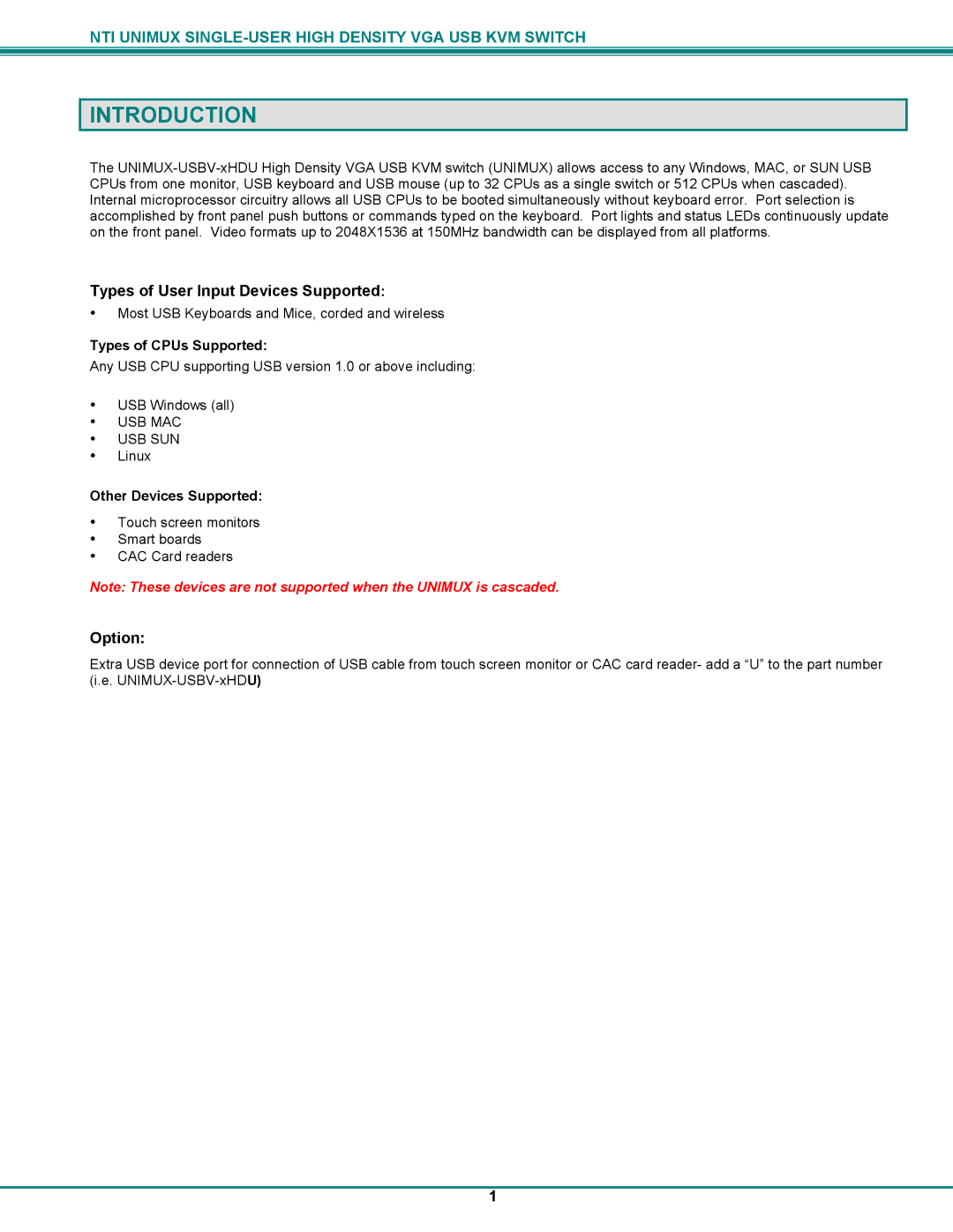 Network Technologies UNIMUXUSBVXHD operation manual Introduction, Types of User Input Devices Supported 