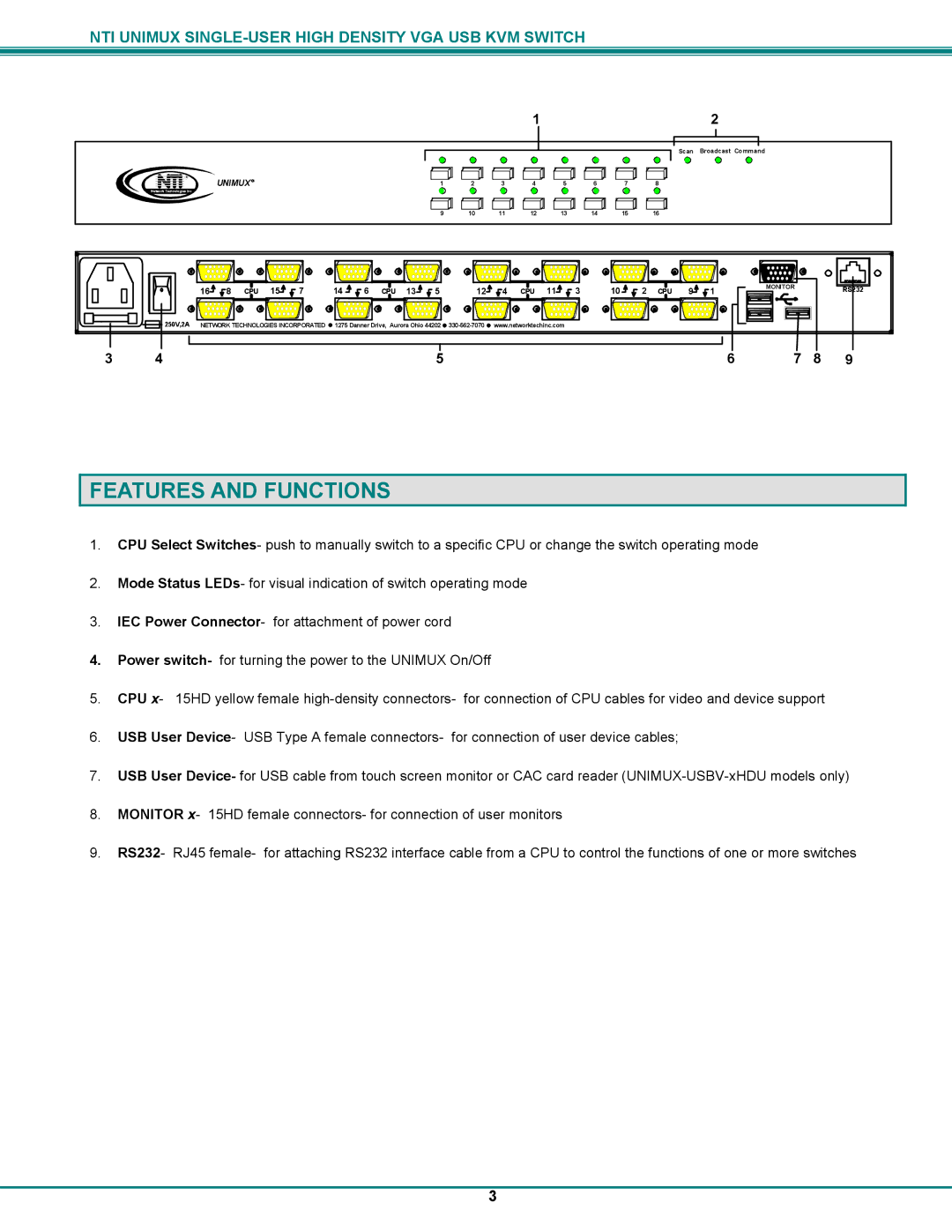 Network Technologies UNIMUXUSBVXHD operation manual Features and Functions 