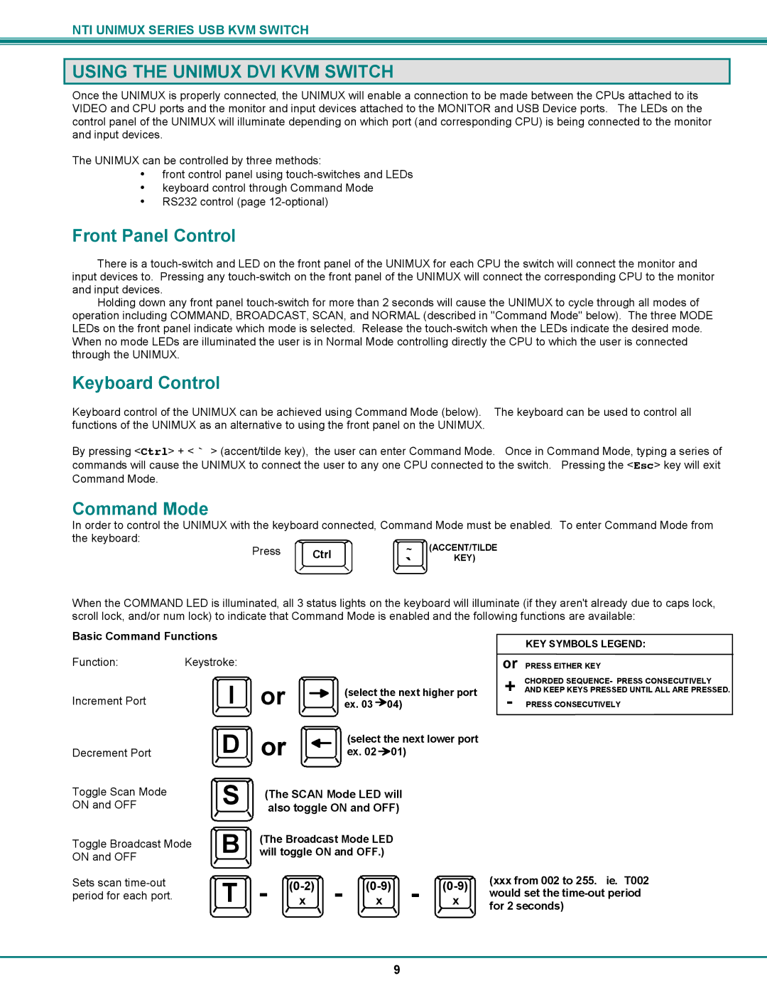 Network Technologies USB DVI KVM Using the Unimux DVI KVM Switch, Front Panel Control, Keyboard Control, Command Mode 