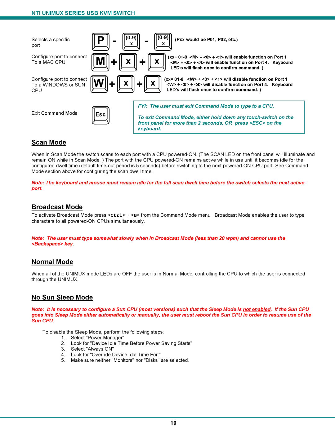 Network Technologies UNIMUX-DVI-x, USB DVI KVM operation manual Scan Mode, Broadcast Mode, Normal Mode, No Sun Sleep Mode 