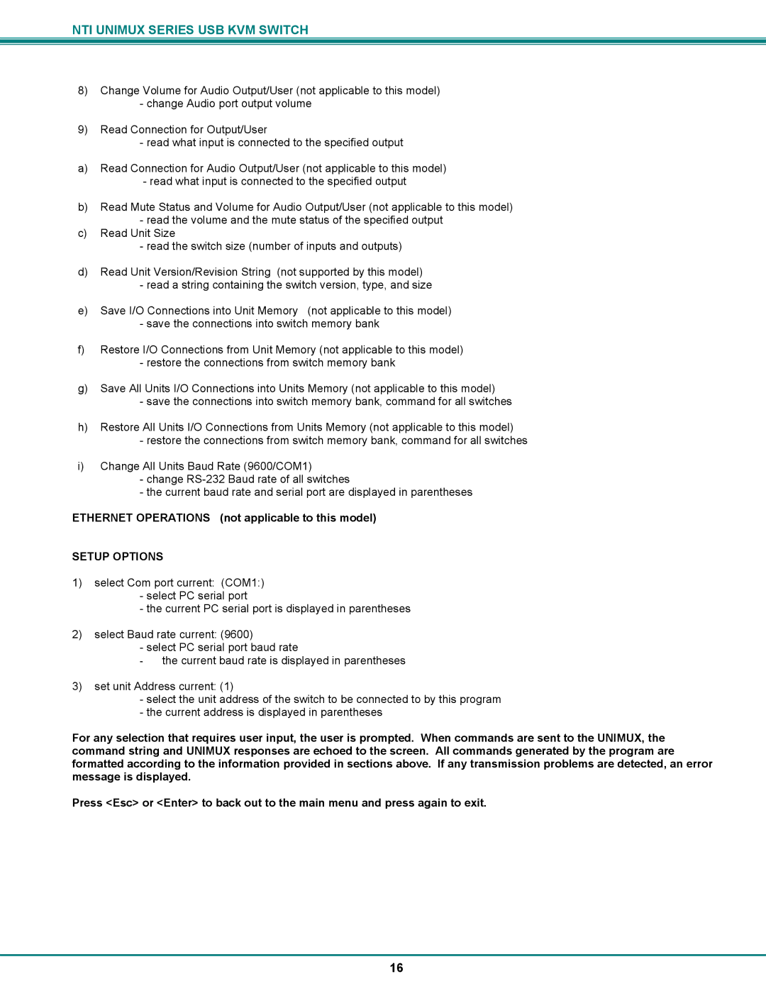 Network Technologies UNIMUX-DVI-x, USB DVI KVM Ethernet Operations not applicable to this model, Setup Options 