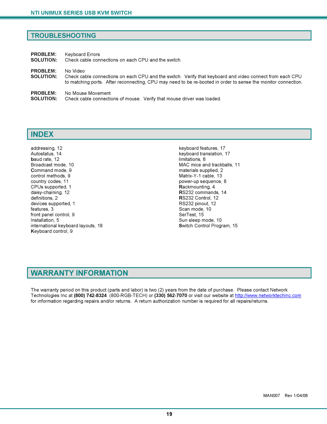 Network Technologies USB DVI KVM, UNIMUX-DVI-x Index, Warranty Information, Troubleshooting, Problem No Video 