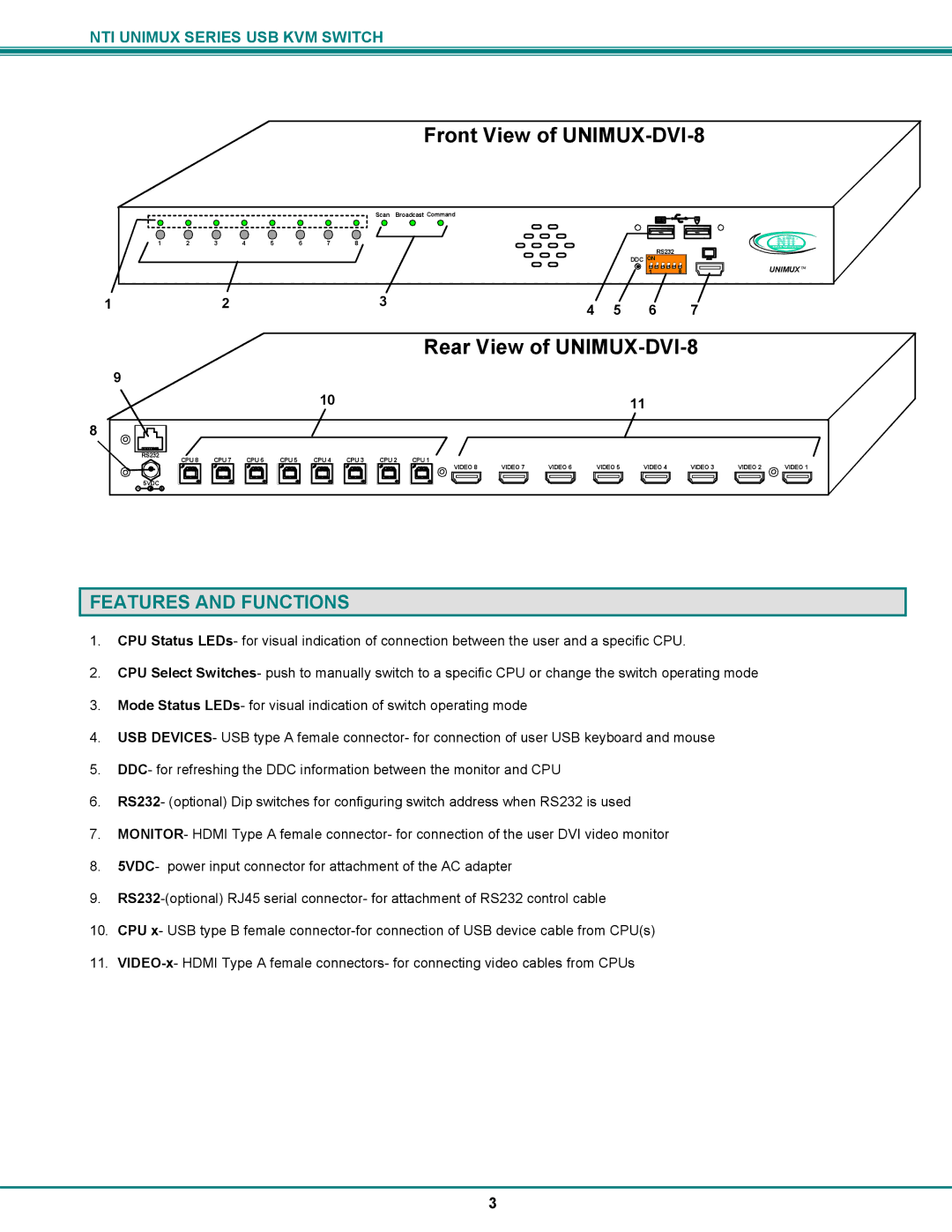 Network Technologies USB DVI KVM, UNIMUX-DVI-x operation manual Rear View of UNIMUX-DVI-8, Features and Functions 