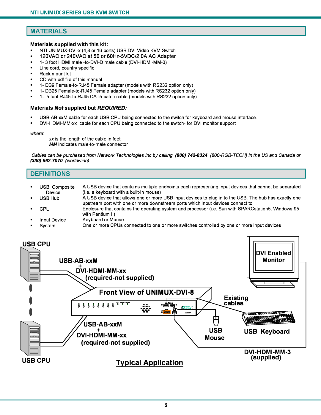 Network Technologies UNIMUX-DVI-x, USB DVI KVM Typical Application, Front View of UNIMUX-DVI-8, Materials, Definitions 