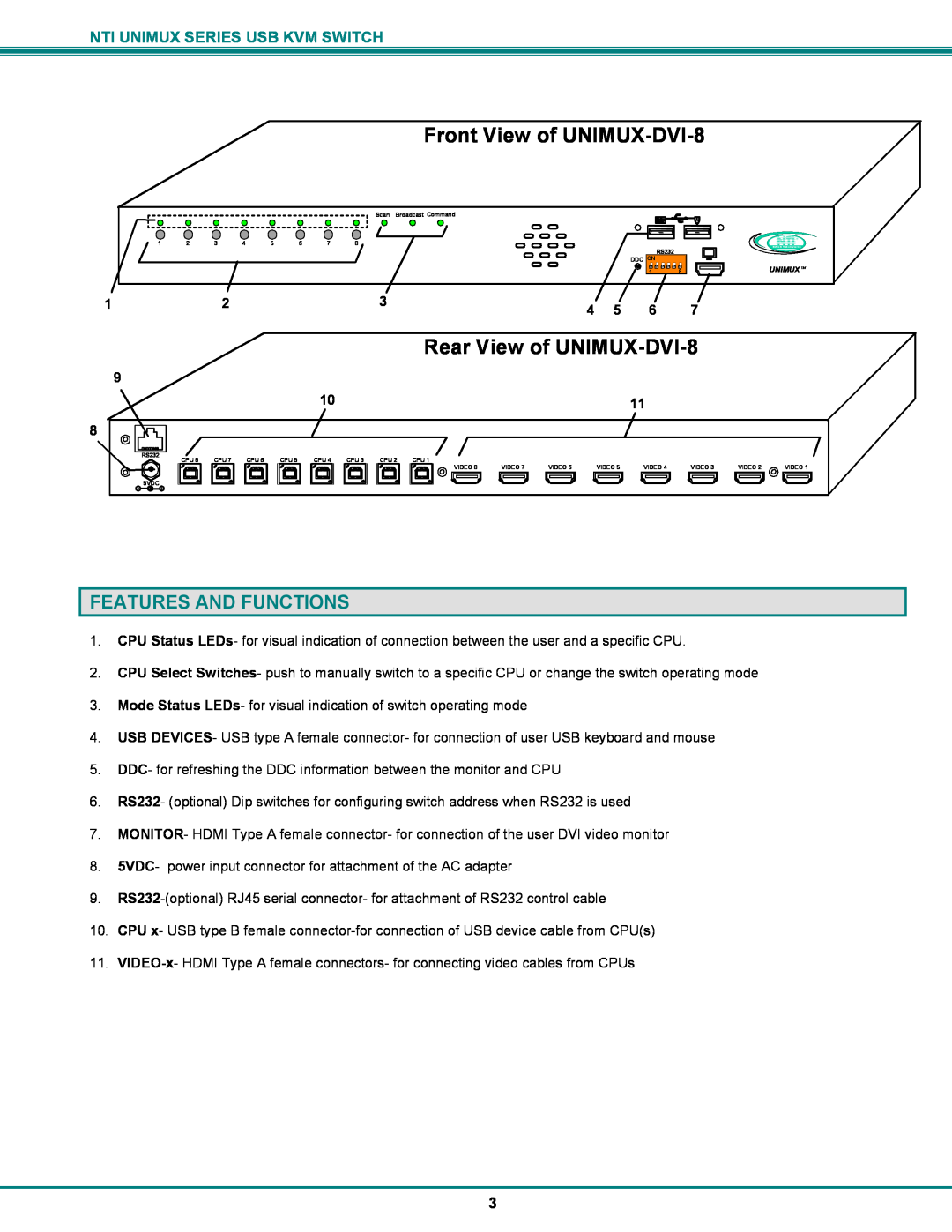 Network Technologies USB DVI KVM Front View of UNIMUX-DVI-8, Rear View of UNIMUX-DVI-8, Features And Functions 