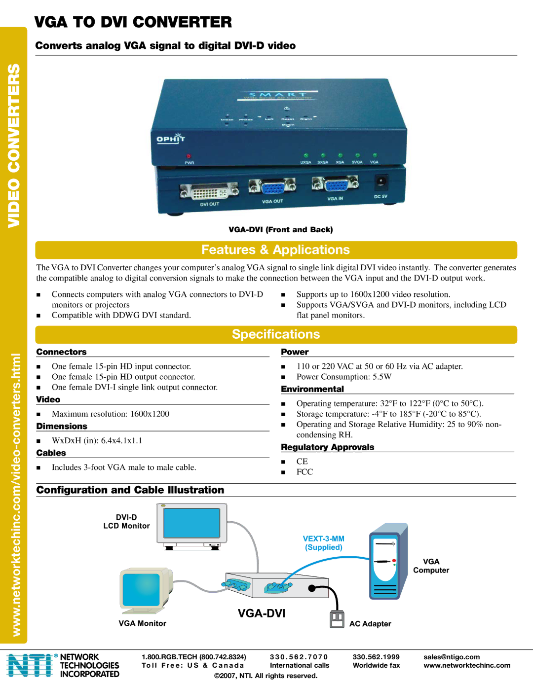 Network Technologies VGA-DVI specifications Features & Applications, Specifications 