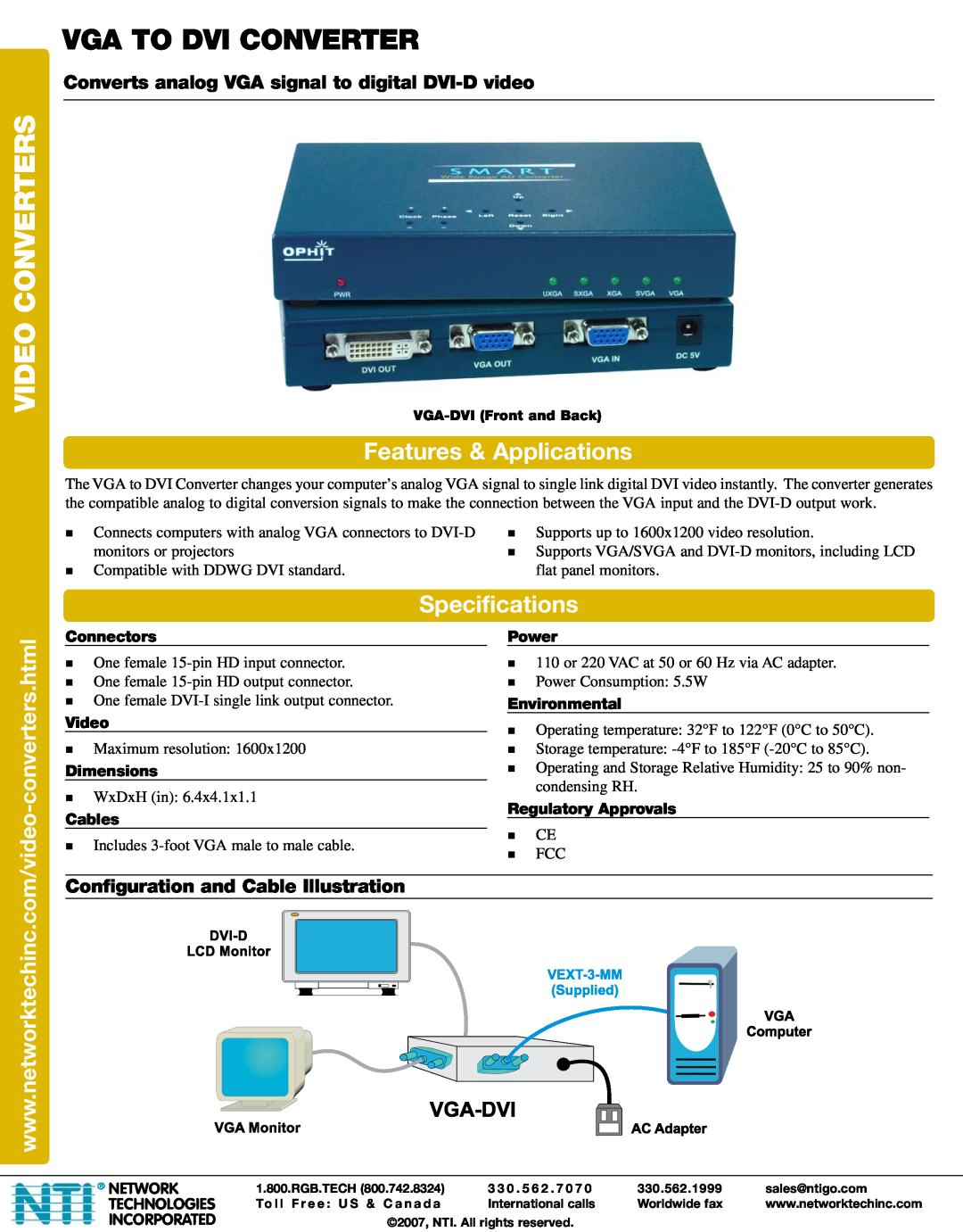 Network Technologies VGA-DVI specifications video converters, vGA to dvi converter, Features & Applications, connectors 