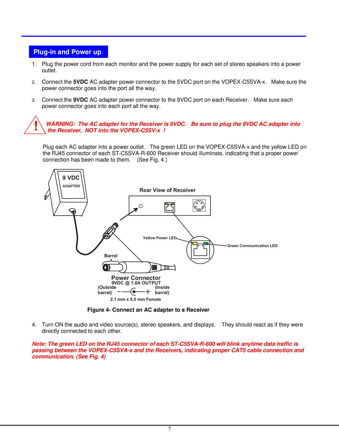 Network Technologies VOPEX-C5SV-x, VOPEX-C5SVA operation manual Plug-in and Power up, Connect an AC adapter to a Receiver 