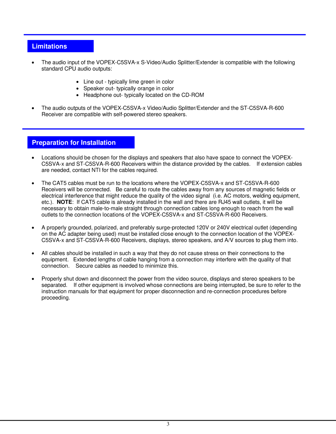 Network Technologies VOPEX-C5SV-x, VOPEX-C5SVA operation manual Limitations, Preparation for Installation 