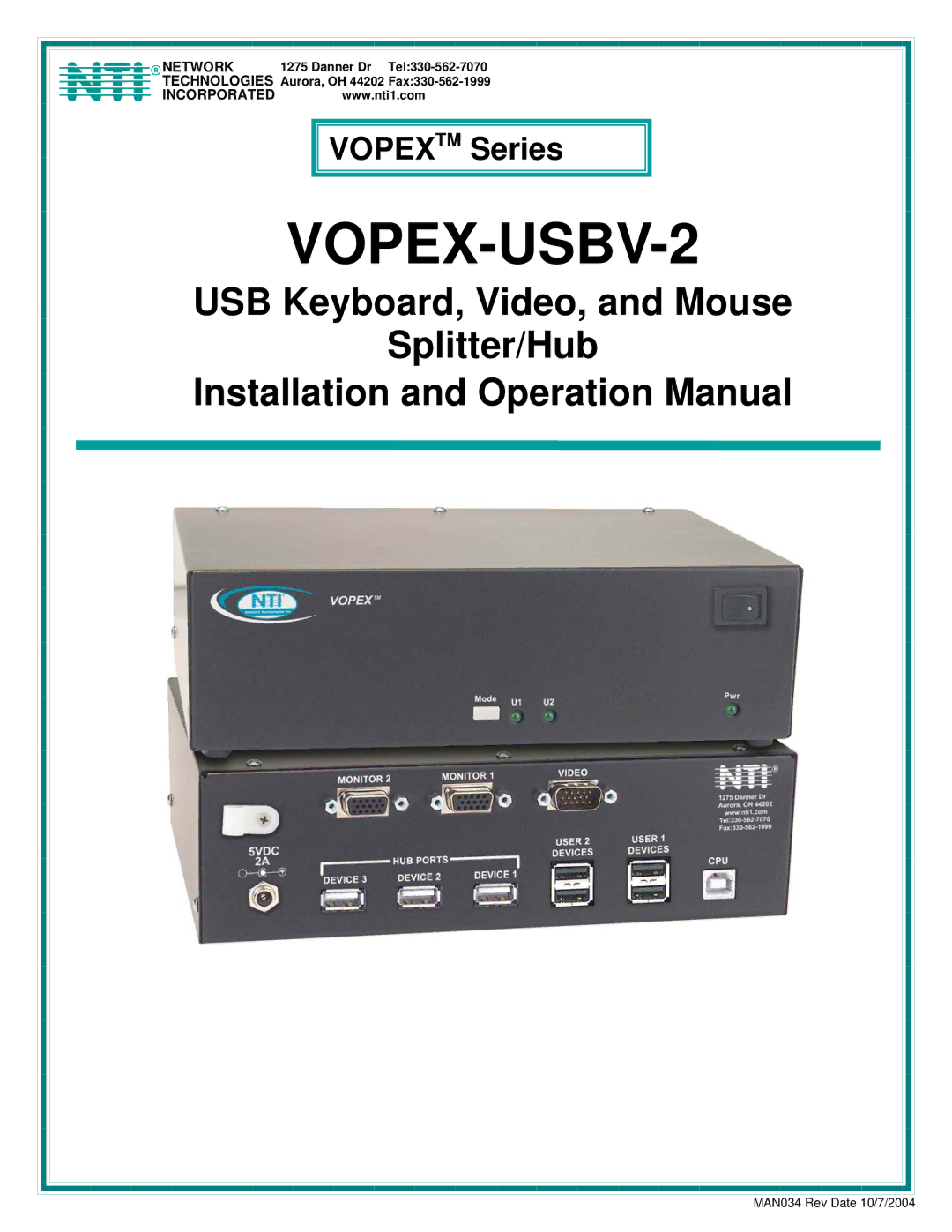 Network Technologies operation manual VOPEX-USBV-2 