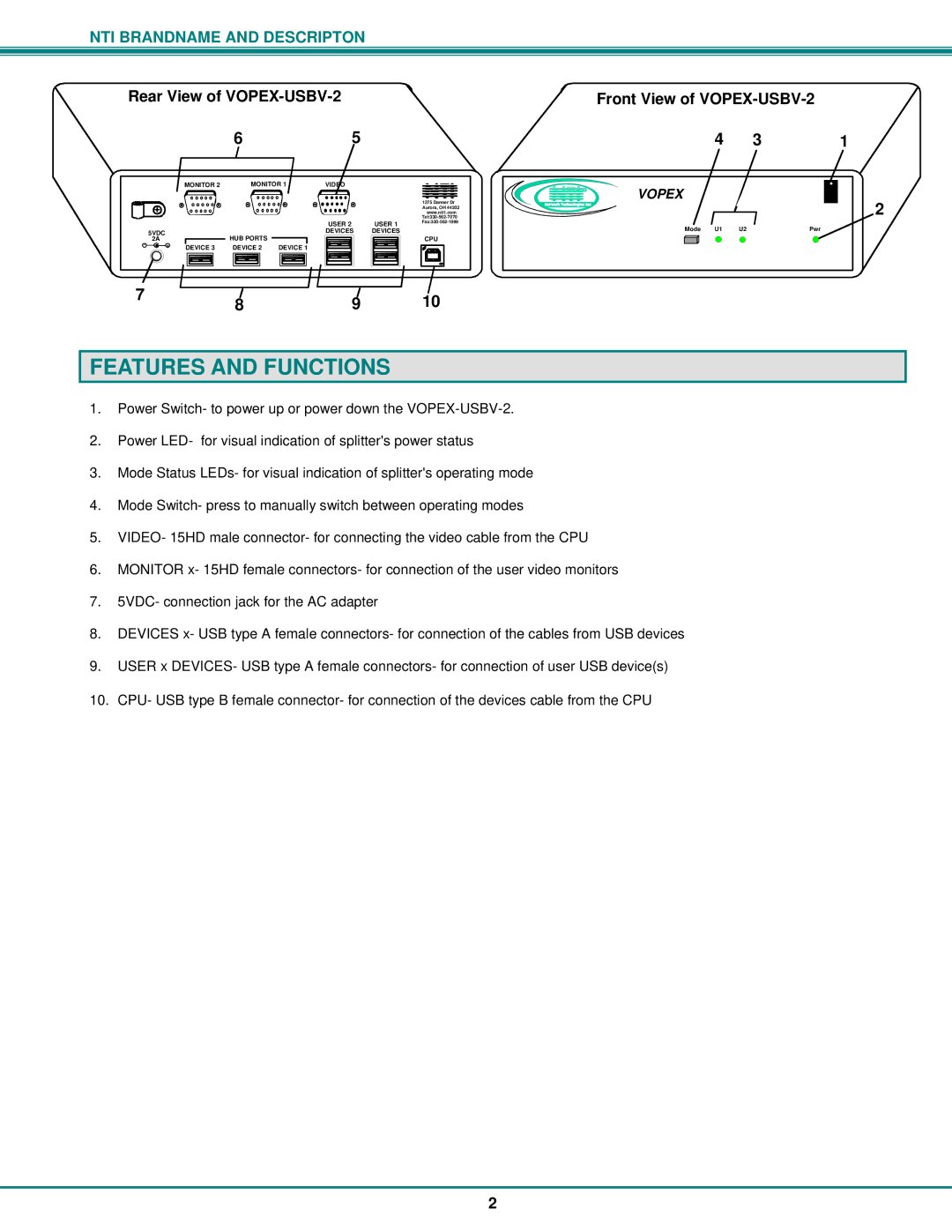 Network Technologies VOPEX-USBV operation manual Features and Functions, Nti 