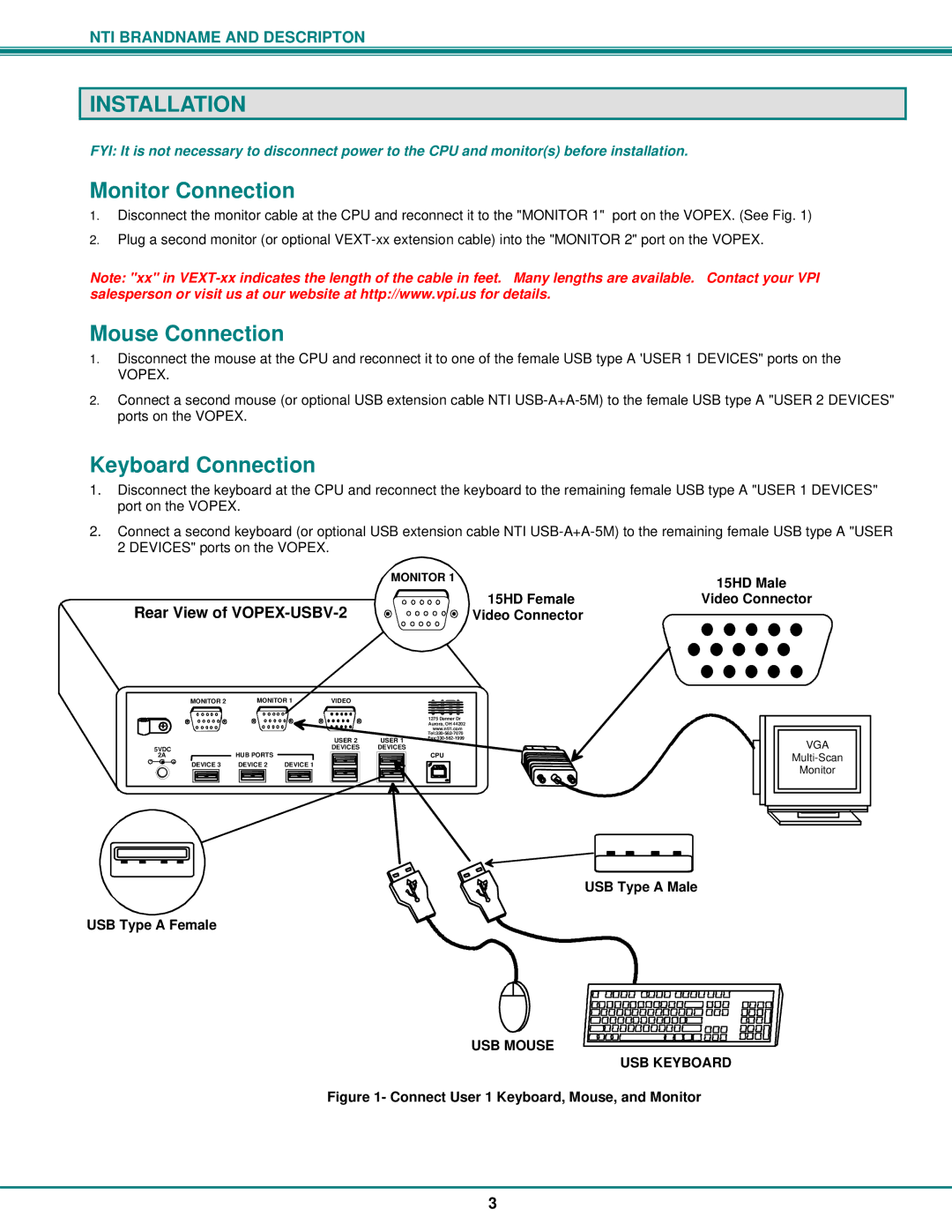 Network Technologies VOPEX-USBV operation manual Installation, Monitor Connection, Mouse Connection, Keyboard Connection 