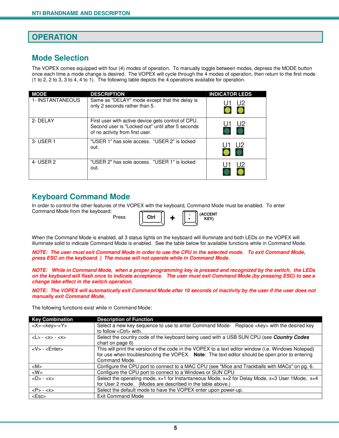 Network Technologies VOPEX-USBV Operation, Mode Selection, Keyboard Command Mode, Command Mode from the keyboard 