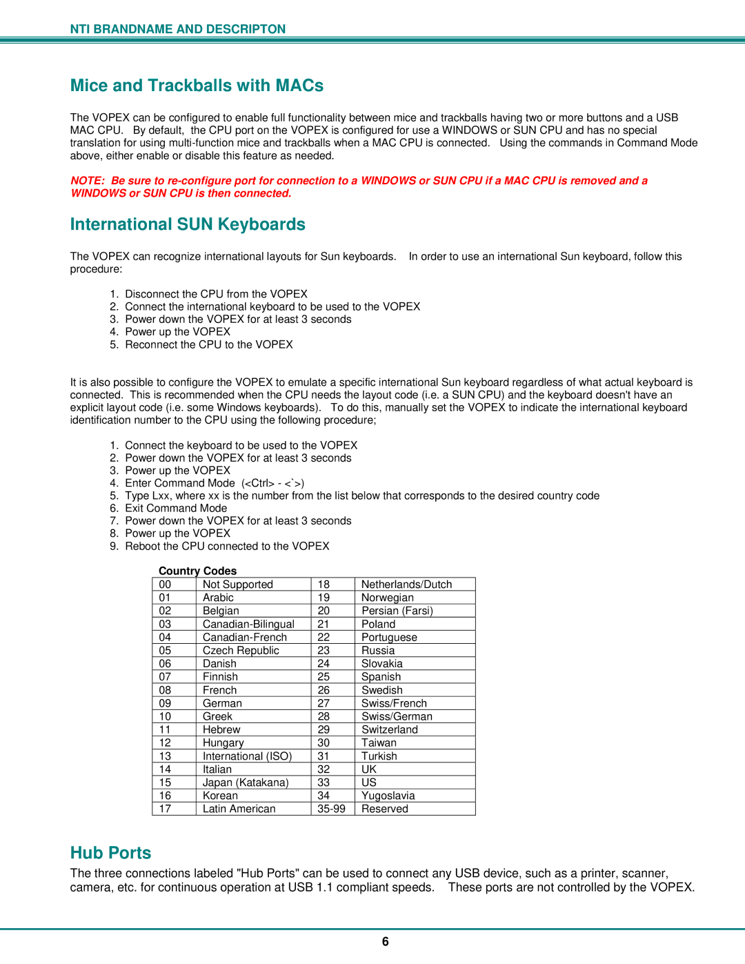 Network Technologies VOPEX-USBV operation manual Mice and Trackballs with MACs, International SUN Keyboards, Country Codes 