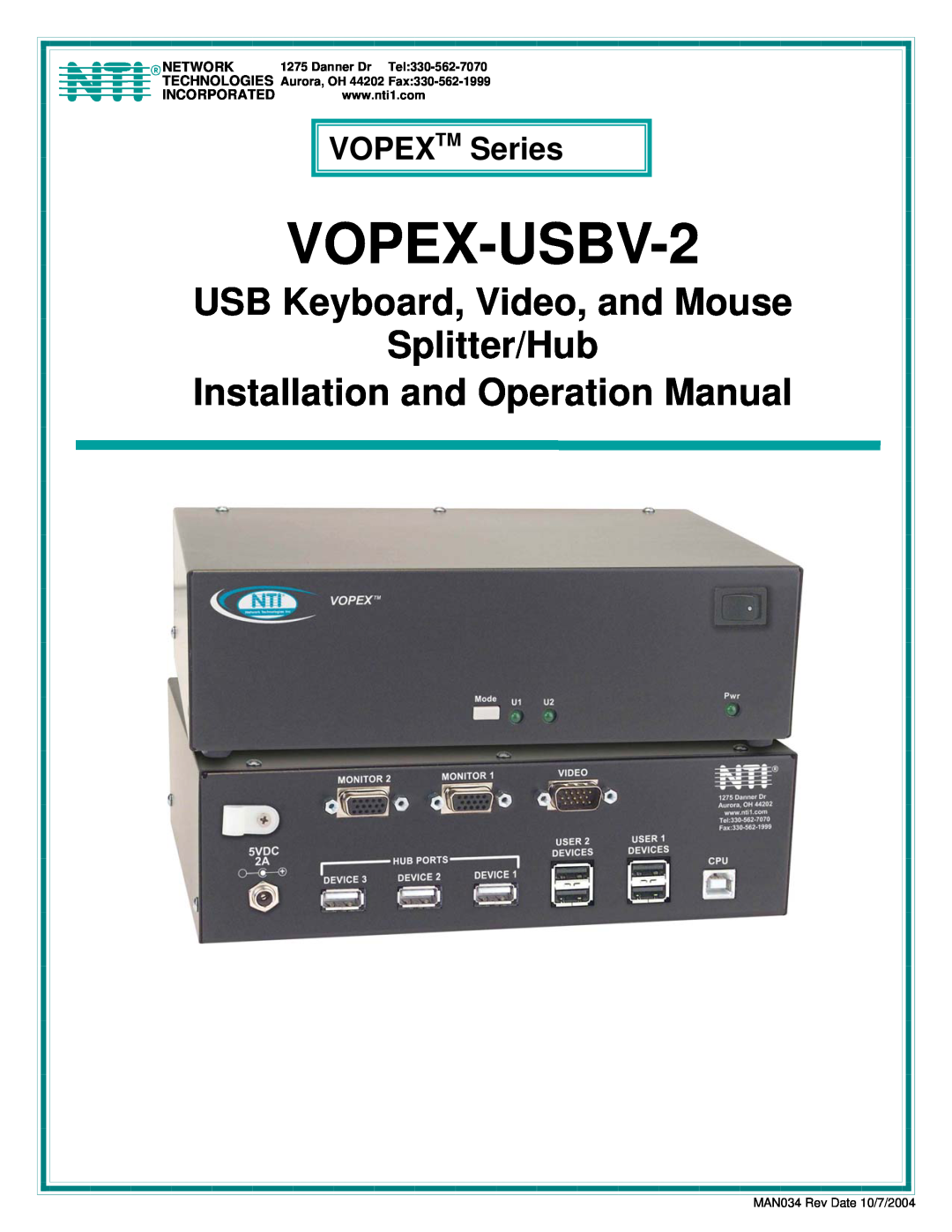 Network Technologies operation manual R Network, Nti Incorporated, VOPEX-USBV-2, USB Keyboard, Video, and Mouse 