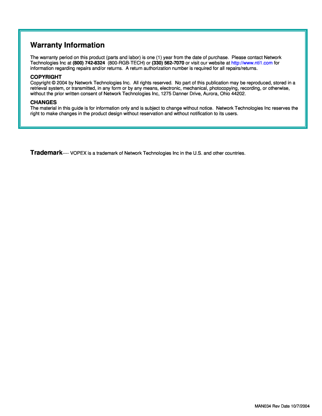 Network Technologies VOPEX-USBV operation manual Warranty Information, Copyright, Changes 