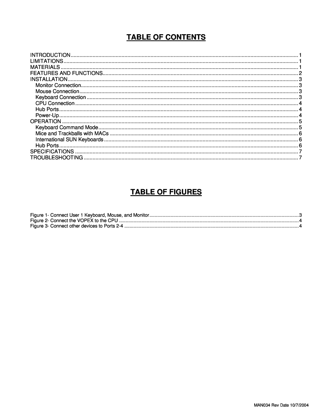 Network Technologies VOPEX-USBV operation manual Table Of Figures, Table Of Contents, MAN034 Rev Date 10/7/2004 