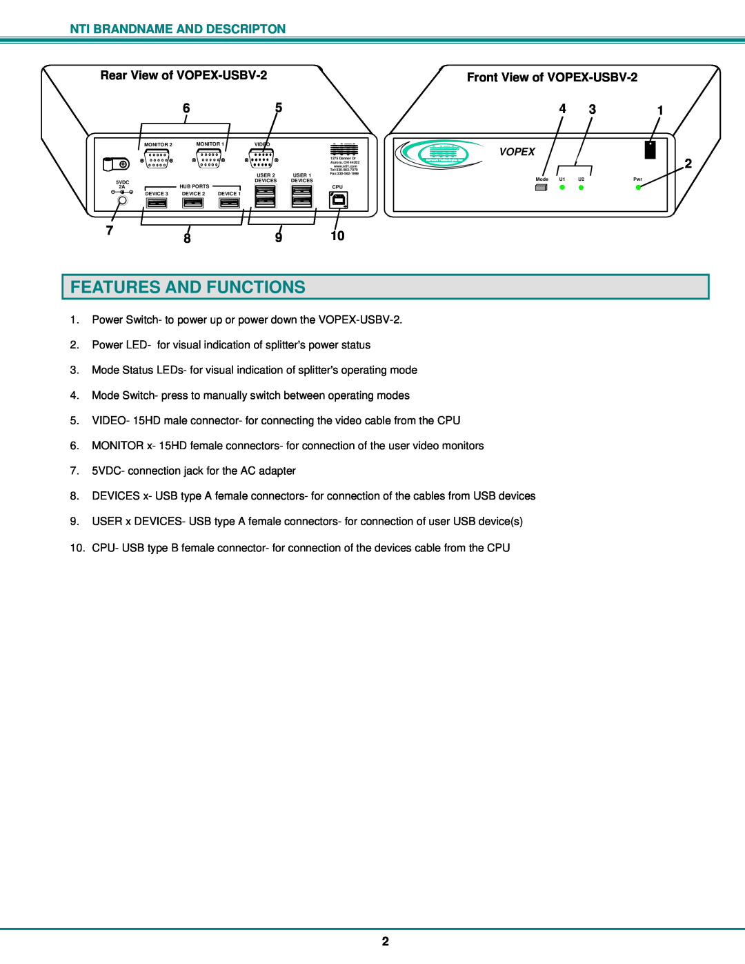 Network Technologies Features And Functions, Rear View of VOPEX-USBV-2, Front View of VOPEX-USBV-2, Vopex 