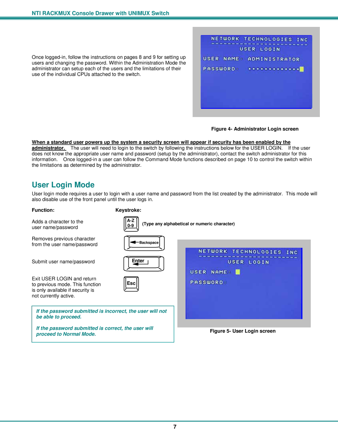 Network Technologies RACKMUX-UW15-4USB, RACKMUX-UW15-8USB, RACKMUX-UW17-4USB, RACKMUX-UW17-8USB User Login Mode, Function 