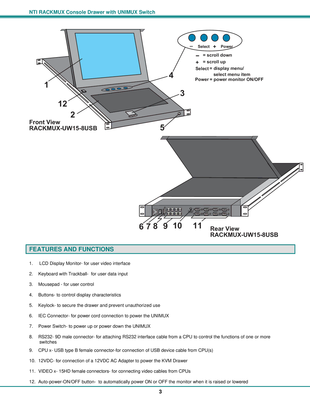 Network Technologies RACKMUX-UW15-4USB, RACKMUX-UW15-8USB, RACKMUX-UW17-4USB, RACKMUX-UW17-8USB 678 910 11 RearView 