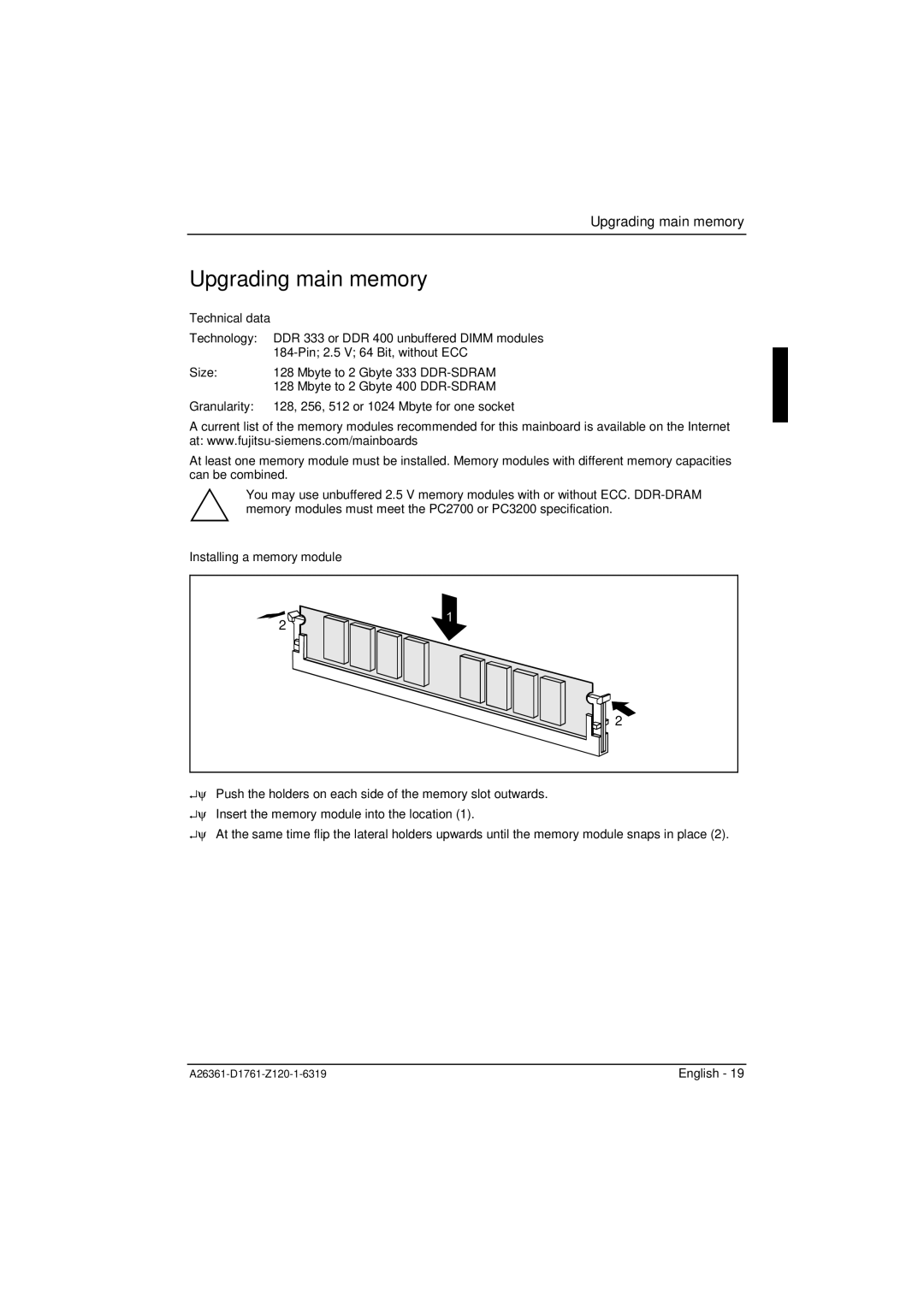 Neumann.Berlin D1761 manual Upgrading main memory, Installing a memory module 