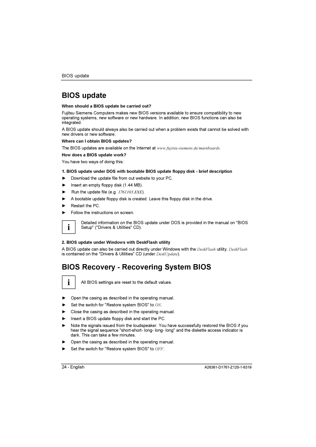 Neumann.Berlin D1761 manual Bios Recovery Recovering System Bios, When should a Bios update be carried out? 