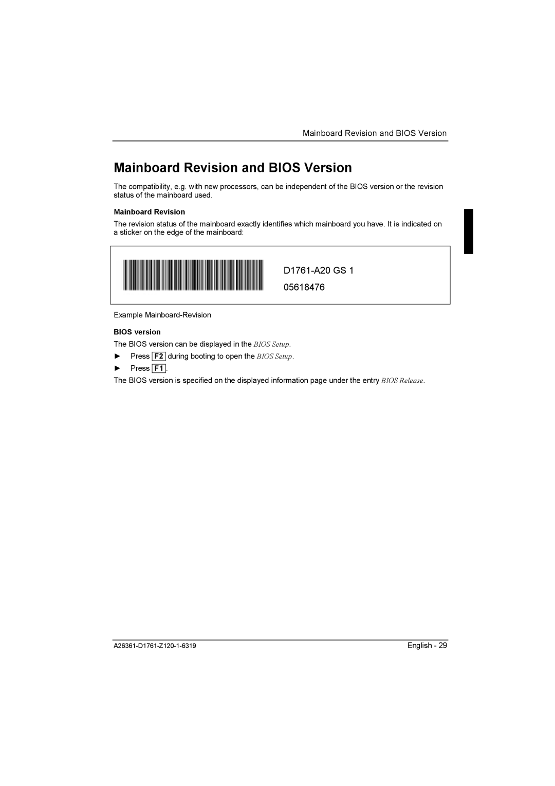 Neumann.Berlin D1761 manual Mainboard Revision and Bios Version, Bios version 