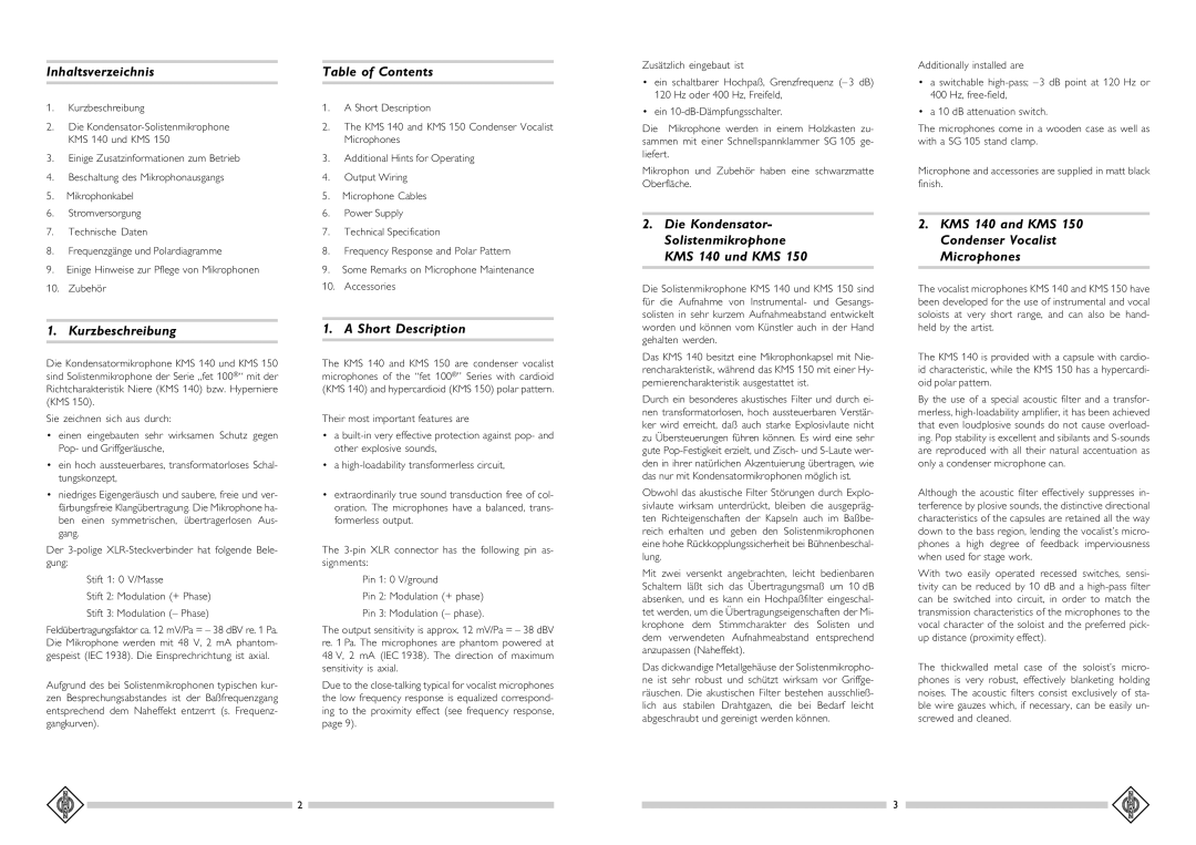 Neumann.Berlin KMS 140, KMS 150 Inhaltsverzeichnis, Table of Contents, Kurzbeschreibung, Short Description 