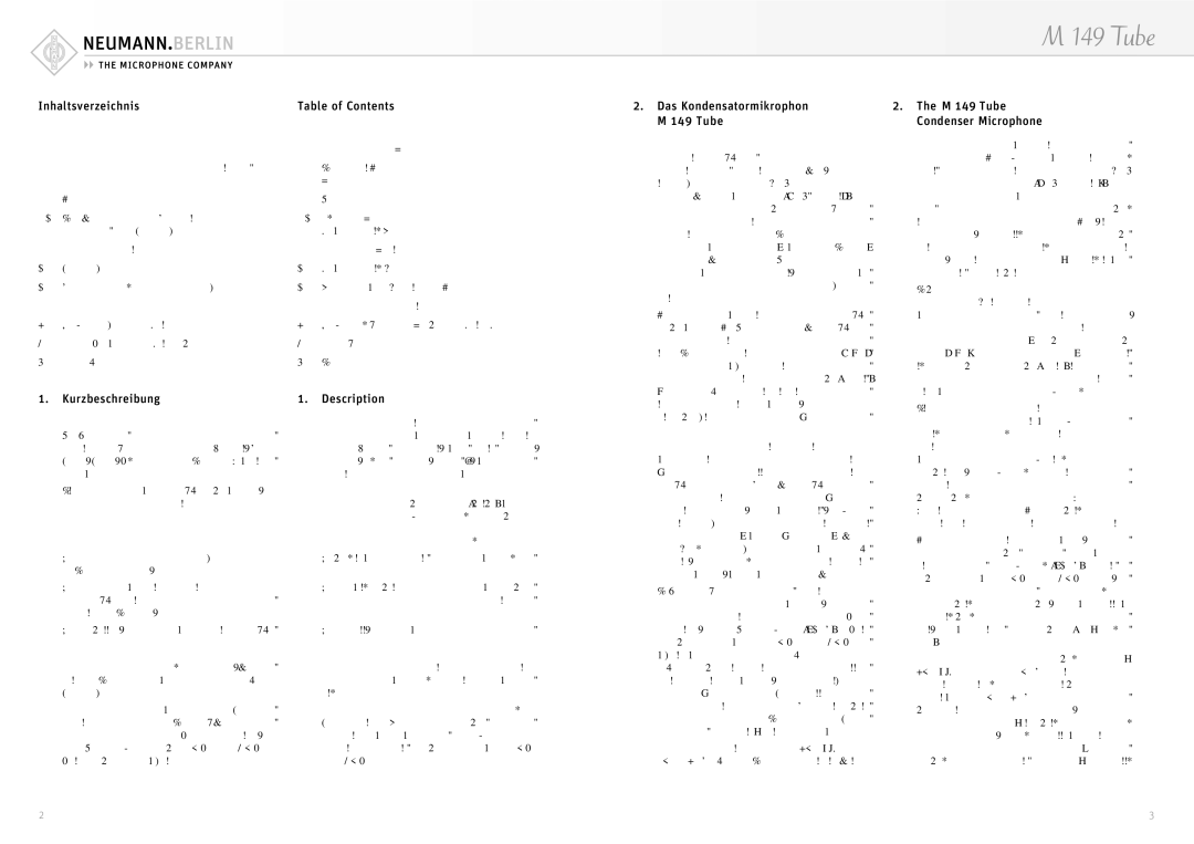 Neumann.Berlin Inhaltsverzeichnis Table of Contents, Das Kondensatormikrophon M 149 Tube Condenser Microphone 