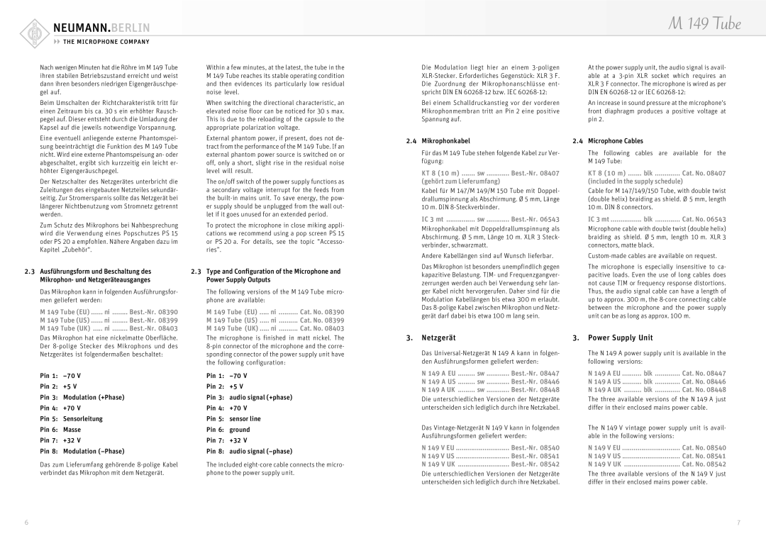 Neumann.Berlin M 149 Tube operating instructions Netzgerät Power Supply Unit 