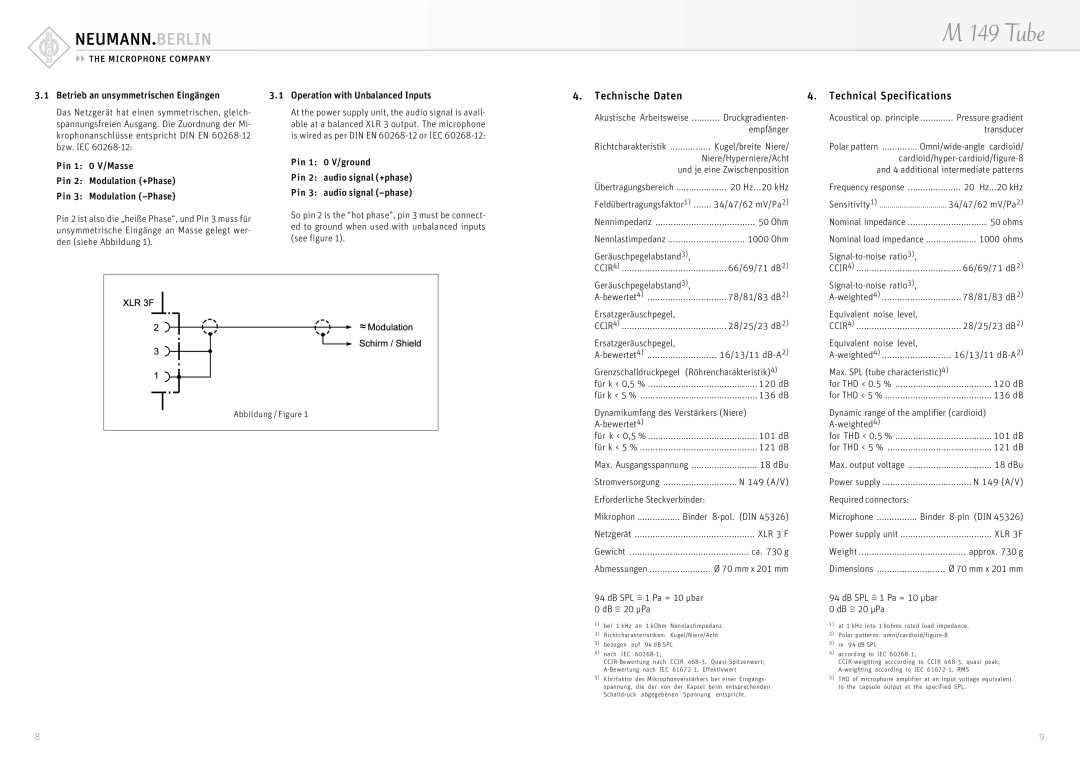 Neumann.Berlin M 149 Tube operating instructions Technische Daten, Technical Specifications 