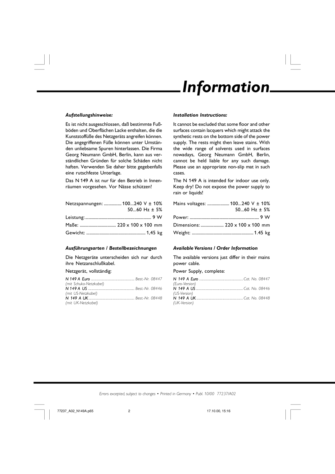 Neumann.Berlin N 149 A manual Aufstellungshinweise, Installation Instructions, Ausführungsarten / Bestellbezeichnungen 