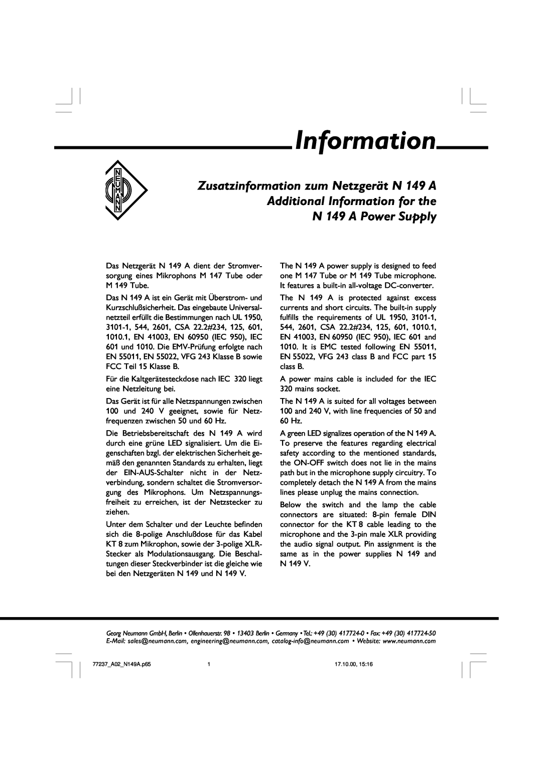 Neumann.Berlin N 149 A manual Information 