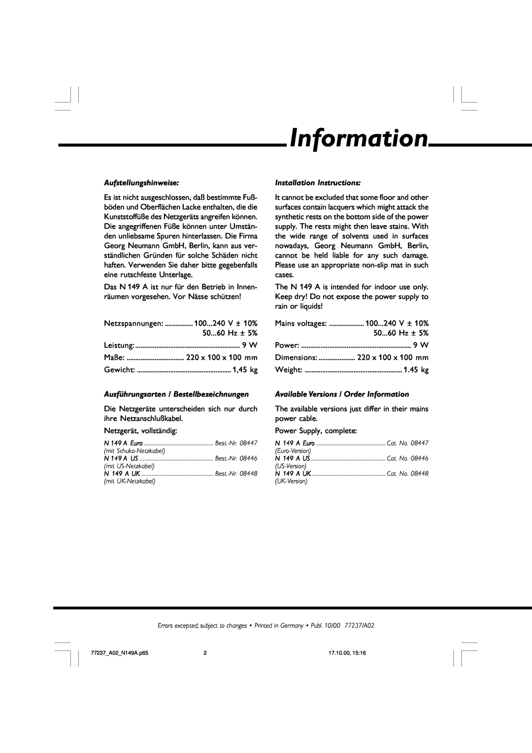 Neumann.Berlin N 149 A manual Information, Aufstellungshinweise, Installation Instructions 