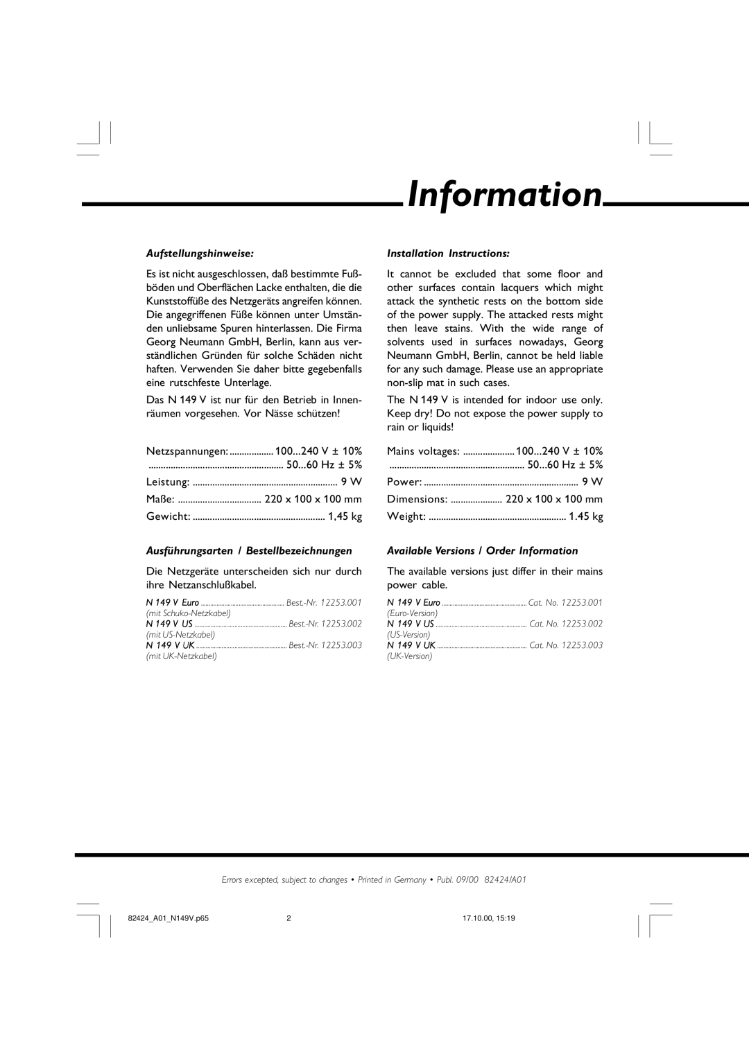 Neumann.Berlin N 149 V manual Aufstellungshinweise, Ausführungsarten / Bestellbezeichnungen, Installation Instructions 